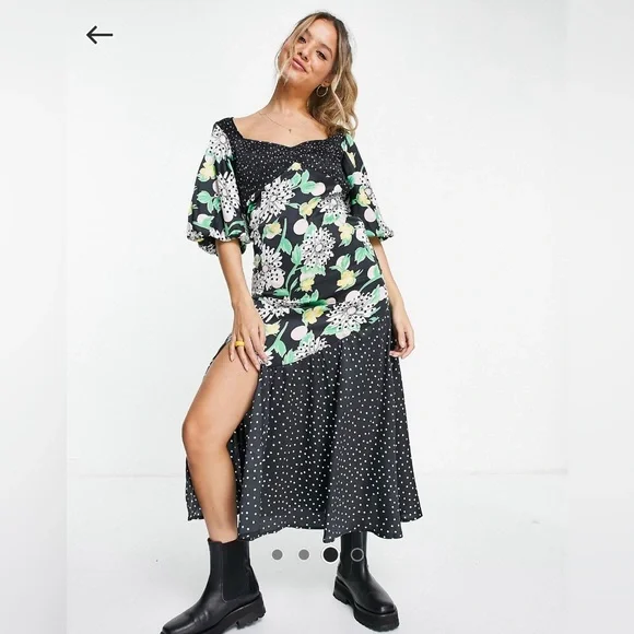 knee length dresses for ladies ASOS DESIGN button through midi Tea dress with drape shoulder detail in  mixed floral print